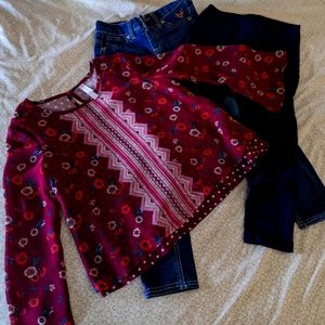 Girl size 6 coordinating stylish outfit.  Including Dressy top, blue jeans, and